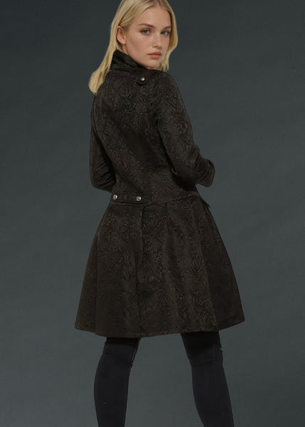 Victorian brocade gothic coat in black, steampunk cosplay jacket with mock neck and ornate military styling for goth clothing lovers