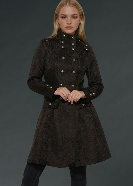 Black gothic coat with Victorian brocade design, steampunk jacket with mock neck and military-inspired details for cosplay and alternative fashion
