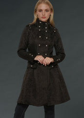 Black gothic coat with Victorian brocade design, steampunk jacket with mock neck and military-inspired details for cosplay and alternative fashion