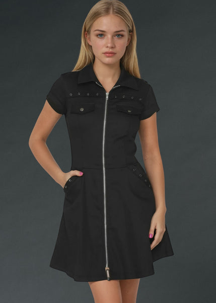Black gothic mini dress with front zipper, edgy alternative fashion style, short sleeve design for punk and rock outfits