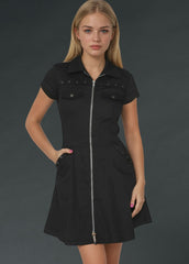 Black gothic mini dress with front zipper, edgy alternative fashion style, short sleeve design for punk and rock outfits