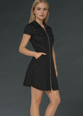 Black goth mini dress with front zipper, edgy alternative fashion outfit for gothic, punk, and dark aesthetic style