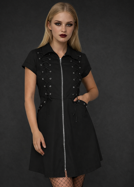 Black gothic lace up mini dress with front zipper, alternative punk A-line dress worn with fishnet tights, dark academia gothic fashion outfit for women