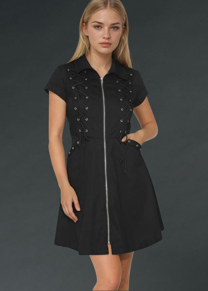 Black goth mini dress with front zipper and lace-up details, alternative fashion outfit for punk and gothic style