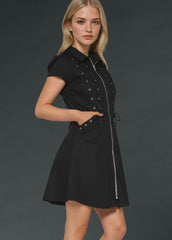 Black goth mini dress with lace-up front, edgy alternative fashion outfit for gothic, punk, and rock-inspired style