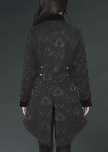 Brocade gothic tailcoat jacket in black, steampunk Victorian pirate coat for cosplay, festivals and dark alternative style outfits