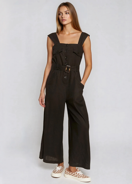 festival  black sleeveless linen jumpsuit — square neck, button-front, ankle length with belt and pockets