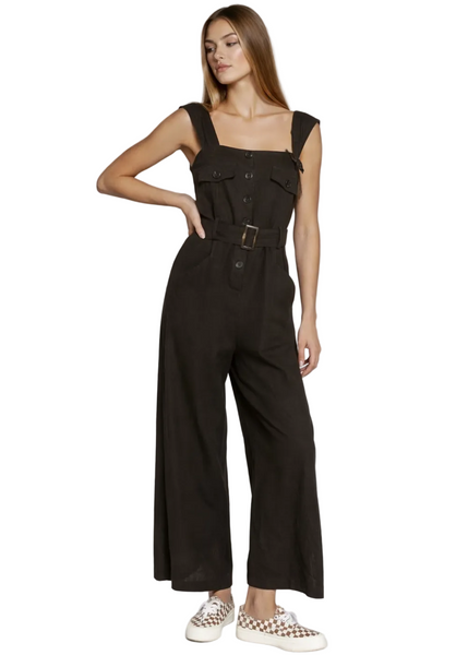 Women's black linen square neck sleeveless jumpsuit styled editorially – Pretty Attitude