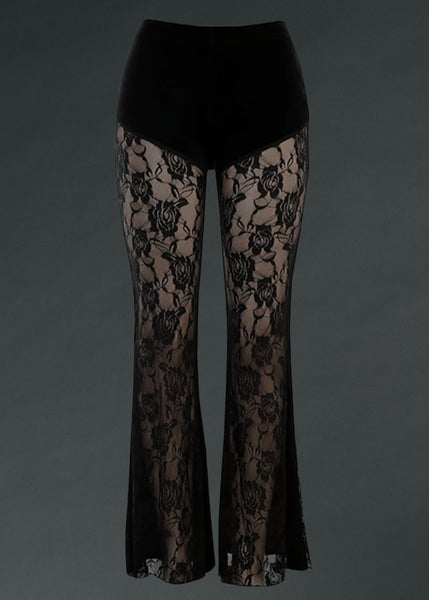 Black Sheer Roses Flare Pants dracula halloween sheer mesh womens bell bottoms horror Wednesday style 
