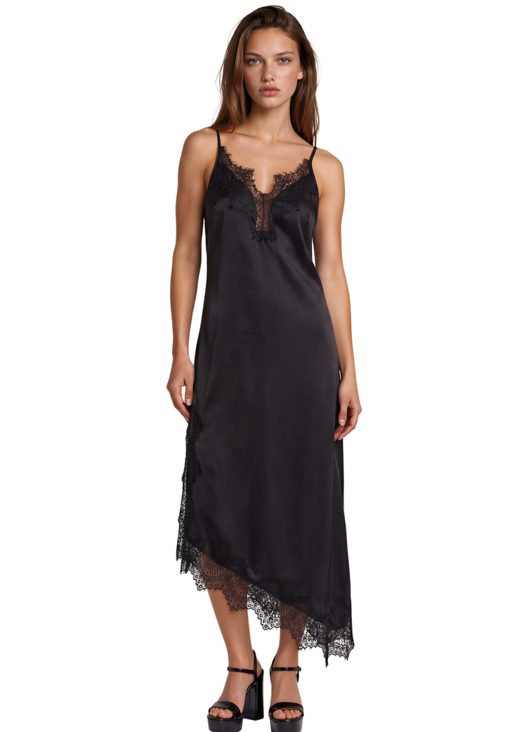 Black satin lace trim slip dress with spaghetti straps and asymmetrical slit for women