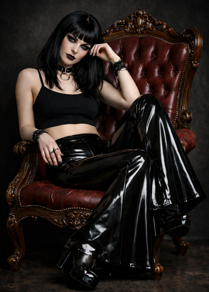 Black latex bell bottom pants for women with high waist fit, gothic punk flare leg trousers for fetish clubwear and festival outfits.