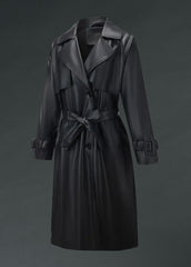Edgy black vegan leather long trench coat with waist tie.