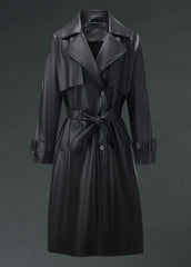 Long black faux leather trench coat with belt and lapel collar for women