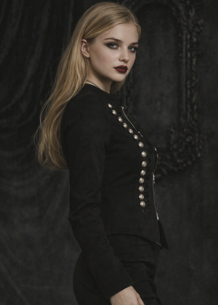 Woman wearing black steampunk military coat with structured shoulder