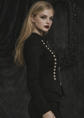 Woman wearing black steampunk military coat with structured shoulder