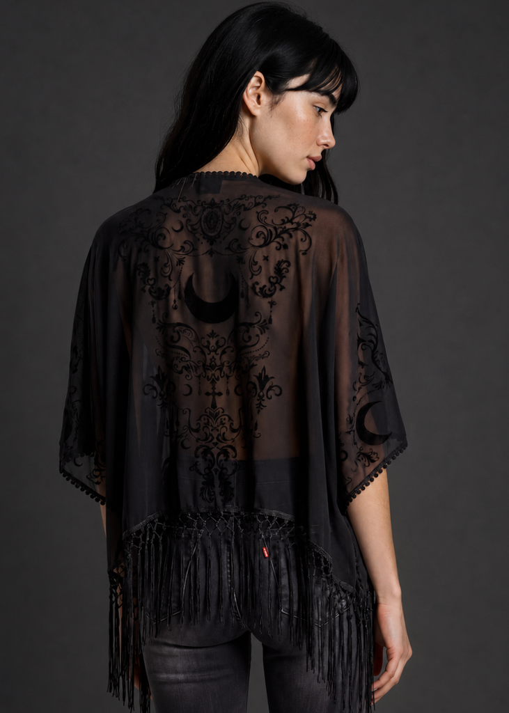 Black Moon Goth Kimono – Sheer Fringe Cover-Up