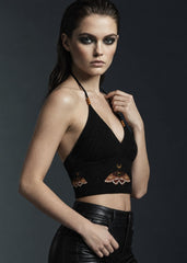 Black embroidered moth knit halter crop top with beaded detailing