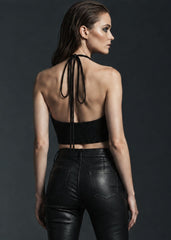 Black embroidered moth knit halter crop top with beaded detailing