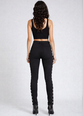 Women’s black studded skinny jeans with rock-inspired design, gothic punk denim pants for edgy street style and music fans