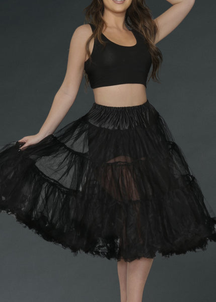 Layered black tulle underskirt with ruffle edge detail and stretchy waist, ideal for pinup fashion and retro dresses.