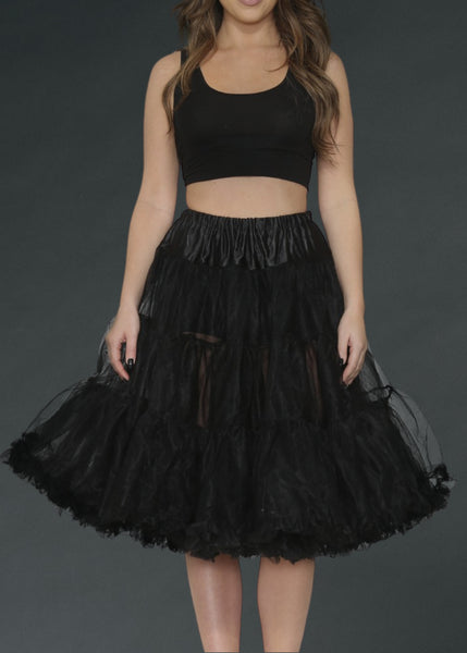 Black tulle 3-tier petticoat skirt with ruffled hem and elastic waistband, perfect for vintage, gothic and rockabilly looks.