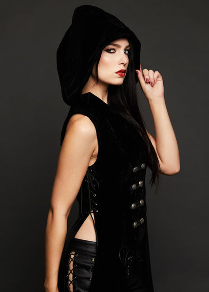 Black velvet hooded gothic vest with Victorian tailcoat detail and ornate silver buttons