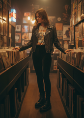 Black velvet leggings outfit in moody record store — vintage band tee, leather jacket and chunky boots

