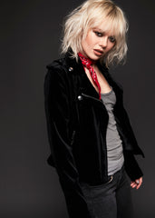 Gothic black velvet moto jacket, edgy biker-inspired fashion piece for punk, rock and dark alternative outfits