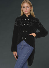 Black velvet gothic tailcoat with ornate Victorian buttons, steampunk frock coat jacket for cosplay, pirate costumes and alternative fashion