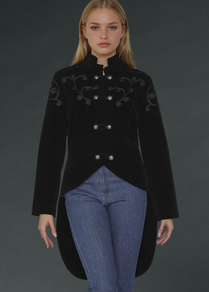 Victorian-inspired black velvet frock coat, gothic steampunk tail jacket with decorative buttons for cosplay, concerts and gothic style outfits