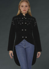 Victorian-inspired black velvet frock coat, gothic steampunk tail jacket with decorative buttons for cosplay, concerts and gothic style outfits