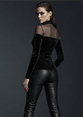Close-up of black velvet burnout floral pattern on long sleeve turtleneck top