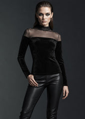 Black velvet mesh long sleeve turtleneck top with floral burnout pattern, front view