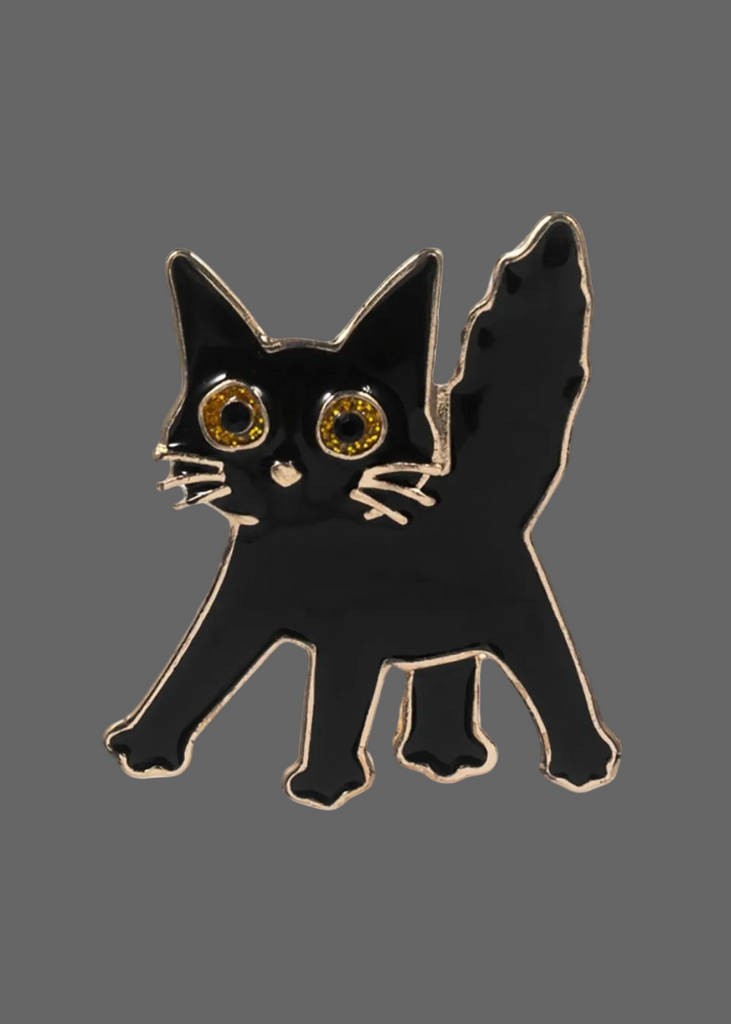 Arched-back black cat Halloween pin brooch with sparkling eyes and curved tail