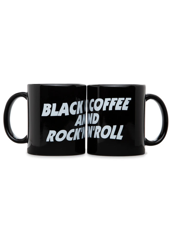 Black ceramic coffee mug with bold white rock n roll typography — music lover gift idea