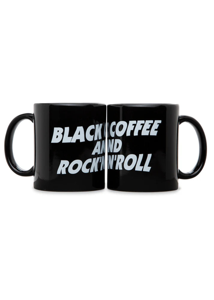 Black ceramic coffee mug with bold white rock n roll typography — music lover gift idea