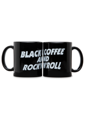 Black ceramic coffee mug with bold white rock n roll typography — music lover gift idea