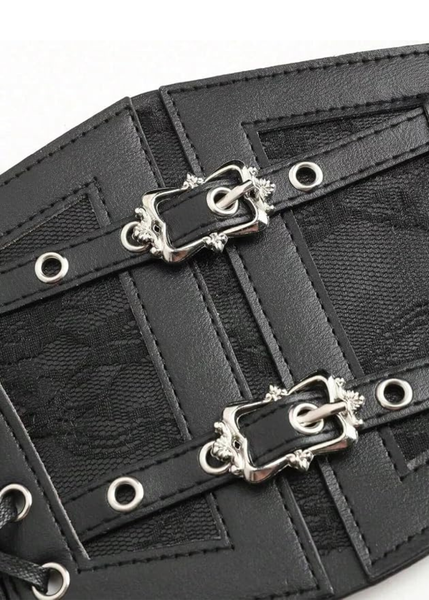 Women's black wide elastic corset belt — boho gothic waist cincher for dresses and festival outfits