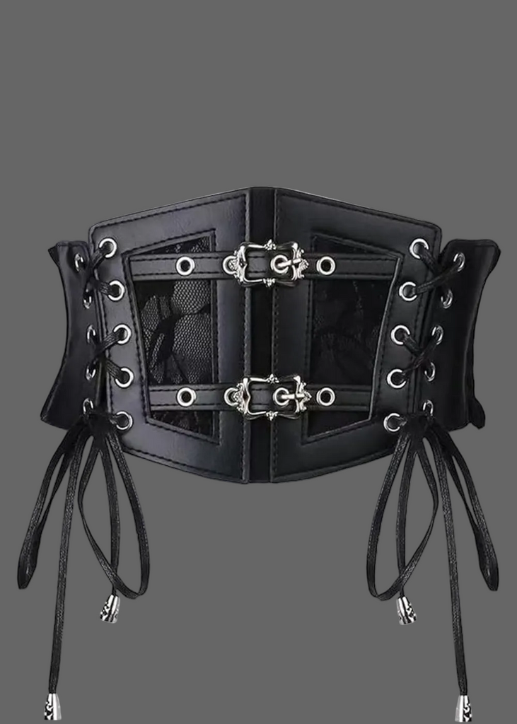 Black corset waist belt with lace-up front and snap closure — gothic wide cincher belt by Pretty Attitude