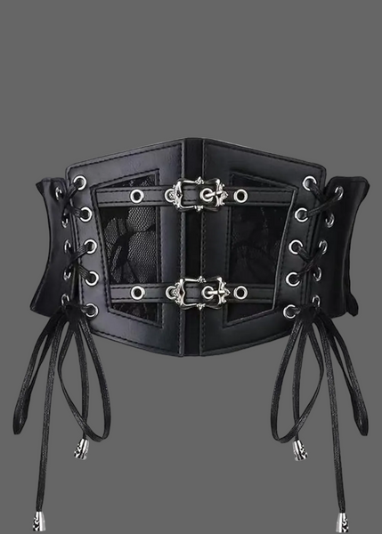 Black corset waist belt with lace-up front and snap closure — gothic wide cincher belt by Pretty Attitude