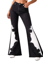 Black studded bell bottom jeans with white crocodile vinyl panels – front view