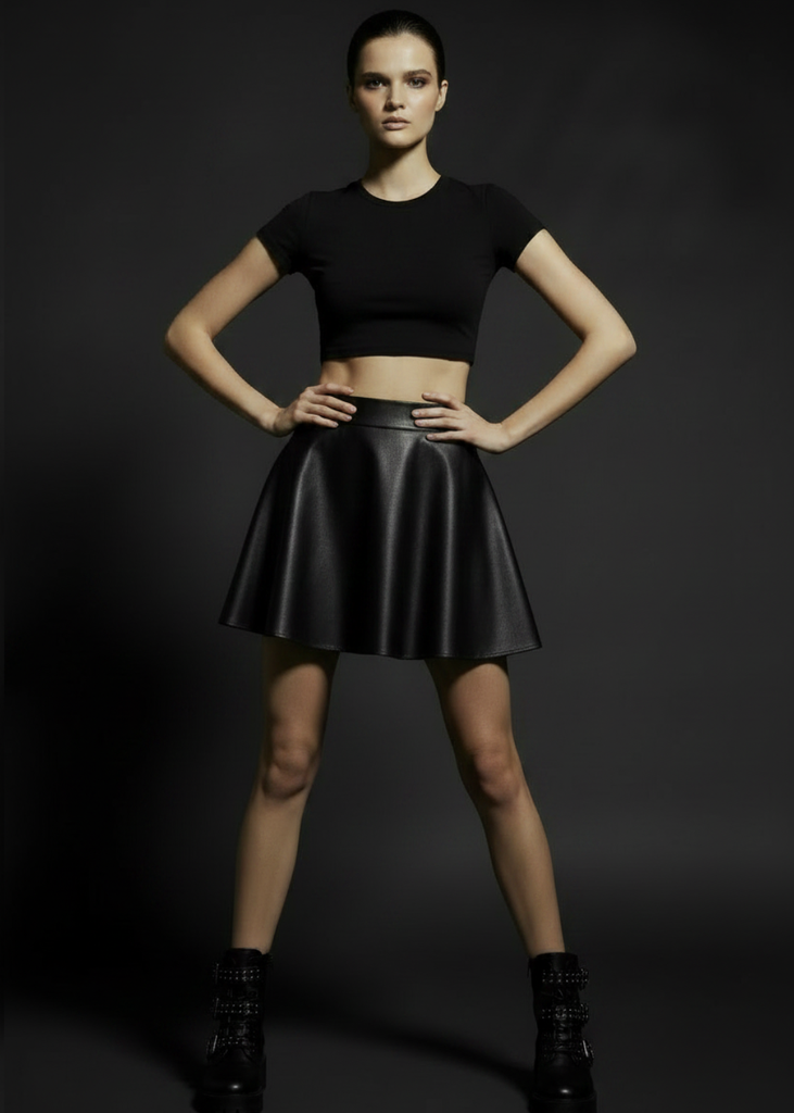 Black faux leather A-line mini skirt front view – Pretty Attitude
