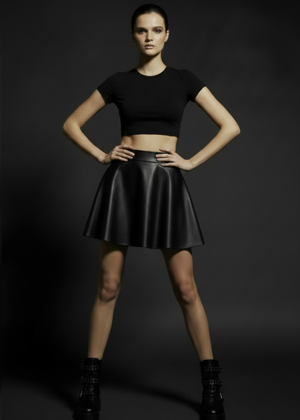 Black faux leather A-line mini skirt front view – Pretty Attitude