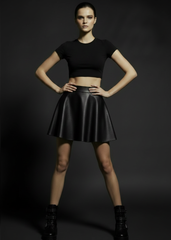 Black faux leather A-line mini skirt front view – Pretty Attitude