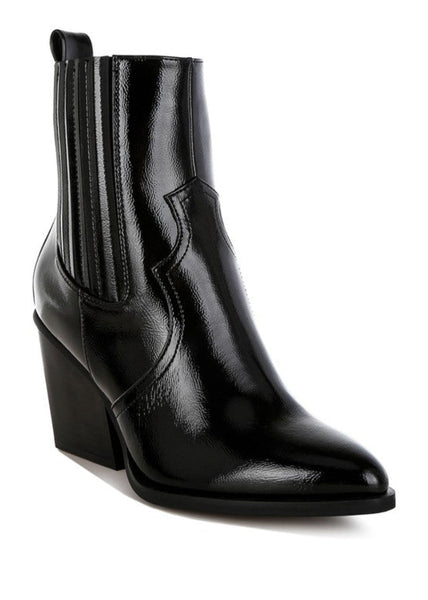 Black pointed toe ankle boots with 3 inch stacked block heel and side zipper closure