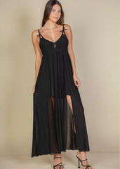 black maxi dress mesh strappy cami festival mainstage bows cutout boho 