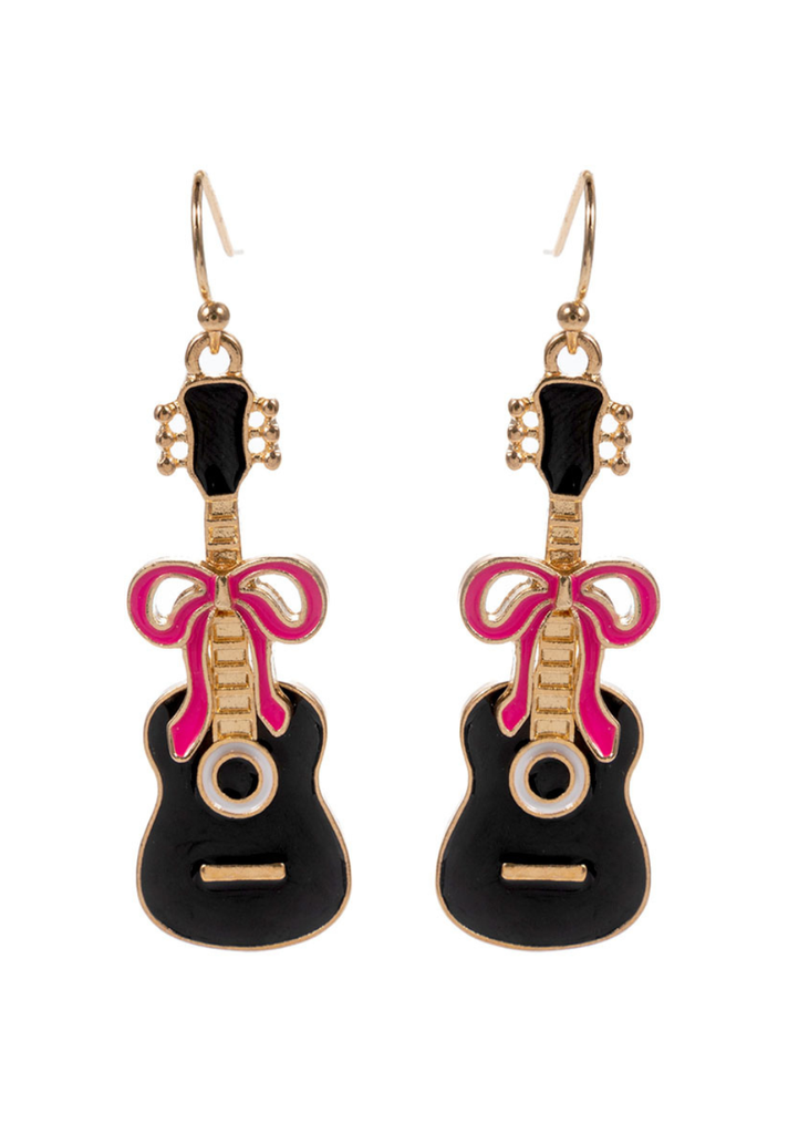 Guitar-shaped earrings with pink bows rocker concert outfit womens rockstar wife 
