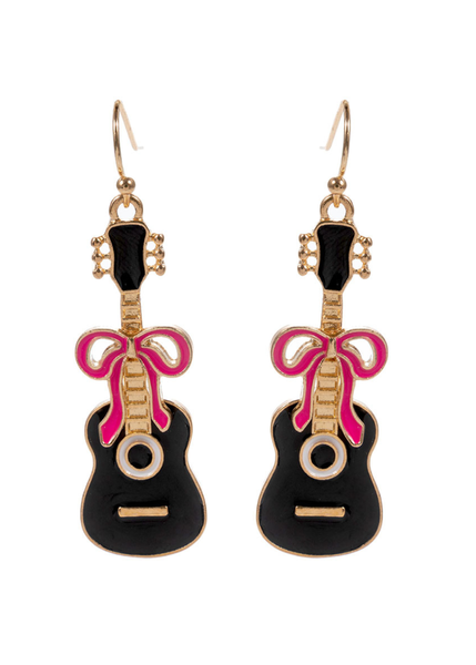 Guitar-shaped earrings with pink bows rocker concert outfit womens rockstar wife 