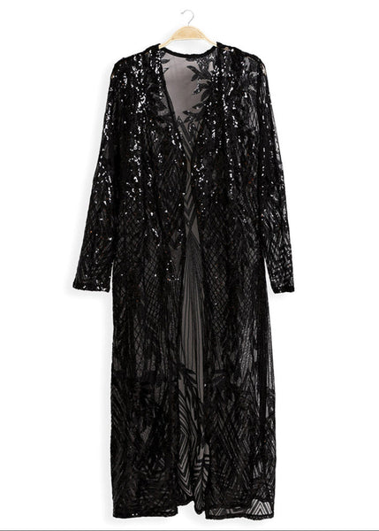 Black sequin kimono duster holiday boho christmas rocker country stage wear 