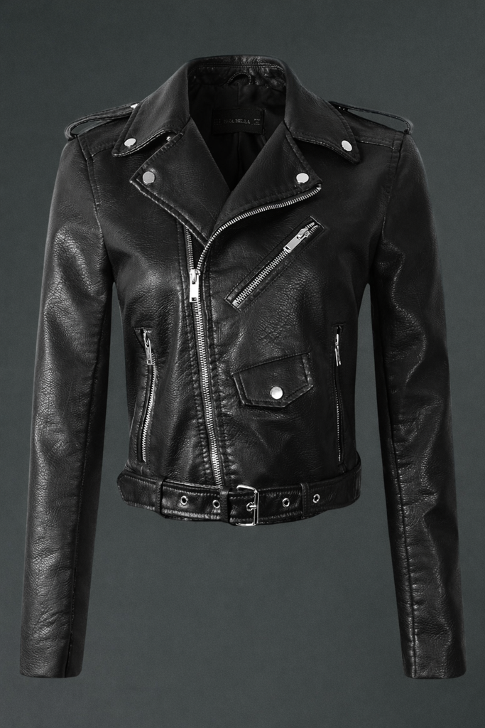Black leather jacket biker moto rocker zipper rockstar wife concert outfit womens